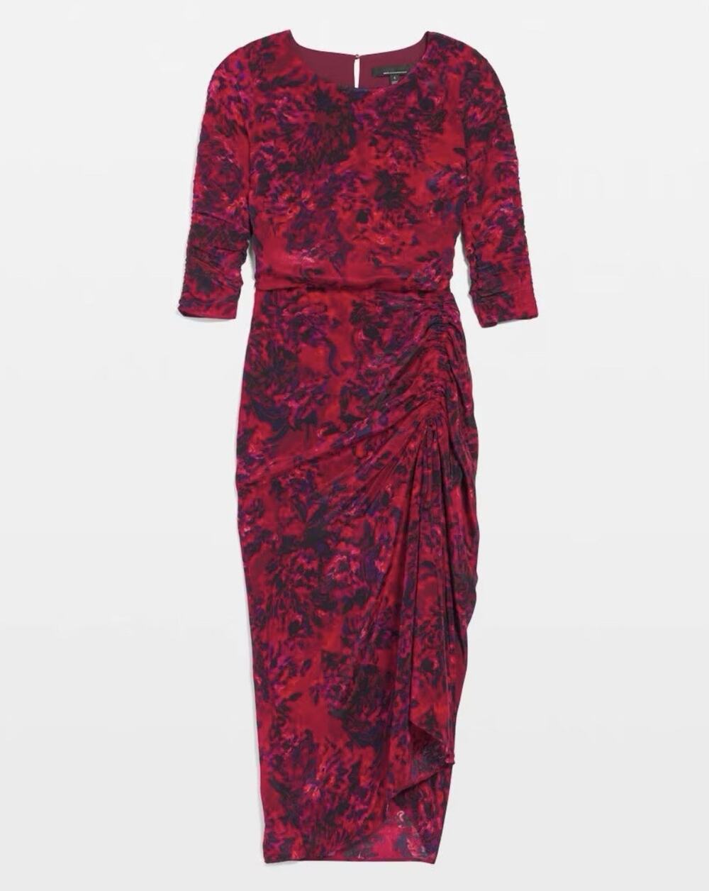 White House Black Market Red 1/2 Sleeve Ruched Floral Midi Dress 2P NWT